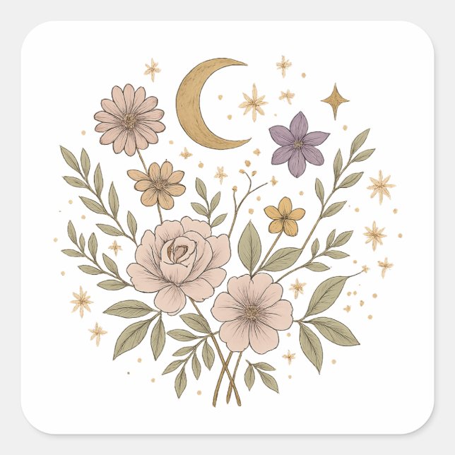 Pegatina Cuadrada Celestial Garden” Mystical Floral Sticker (Anverso)
