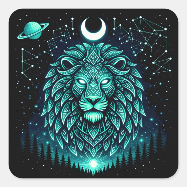 Pegatina Cuadrada Celestial Lion – Cosmic King Wildlife Galaxy (Anverso)