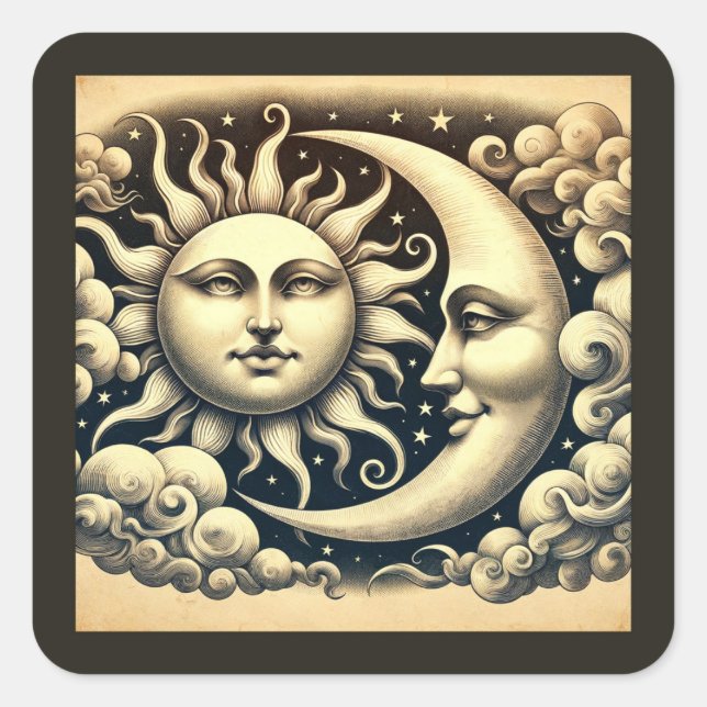 Pegatina Cuadrada Celestial Sol y Luna Vintage (Anverso)