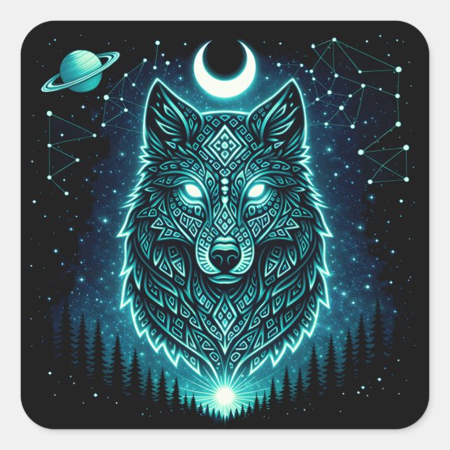 Pegatina Cuadrada Celestial Wolf – Cosmic Howl Wildlife Galaxy (Anverso)
