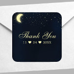 Pegatina Cuadrada Celestiales Moon Stars Midnight Blue Gracias<br><div class="desc">Celestiales Estrellas de la Luna Medianoche Azul Gracias Pegatina Cuadrado. Este diseño presenta luces de estrellas brillantes con una luna creciente brillante en el cielo estrellado de la noche.</div>