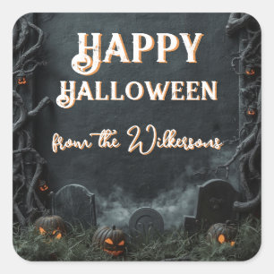 Pegatina Cuadrada Cementerio espeluznante lápidas 3D Halloween