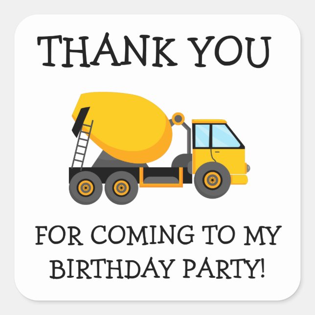Pegatina Cuadrada Cemento amarillo Camión niño cumpleaños gracias (Anverso)