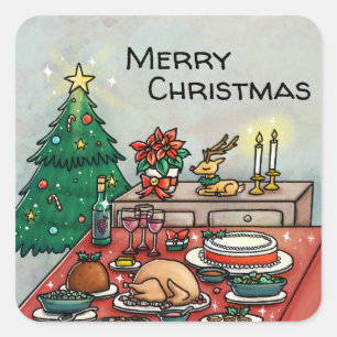 Pegatina Cuadrada Cena de las Felices Navidad