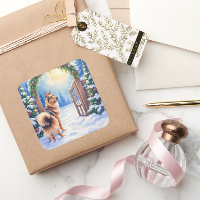 Pegatina Cuadrada Central Asian Shepherd Snowy Gate Christmas Art (Regalar)