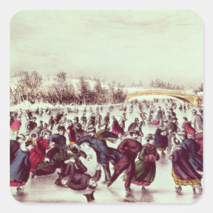Pegatina Cuadrada Central Park, invierno: El carnaval patinador
