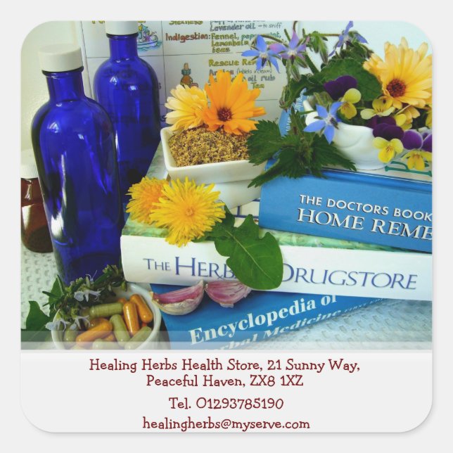 Pegatina Cuadrada Centro de salud de hierbas curativas (Anverso)
