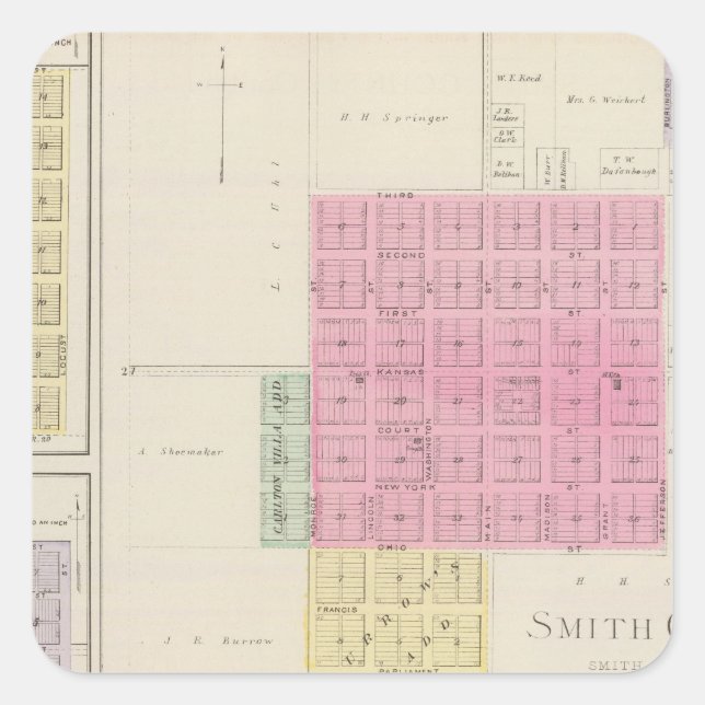 Pegatina Cuadrada Centro Smith, Ciudad Gould, Motor, Webster, Kansas (Anverso)