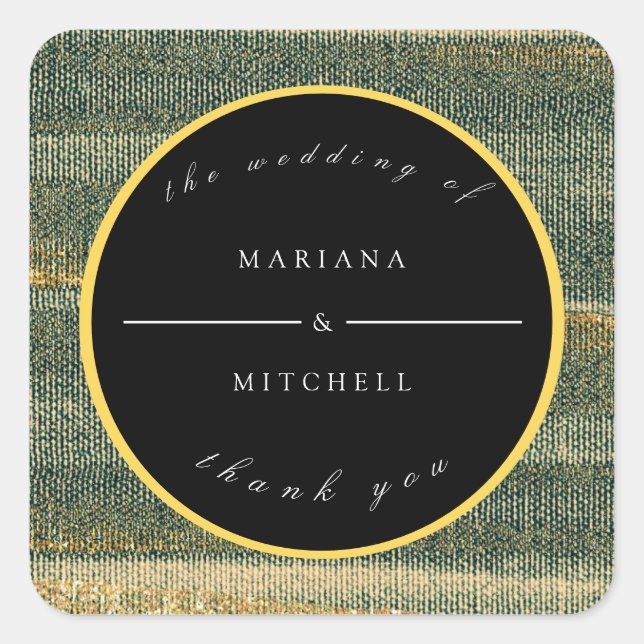 Pegatina Cuadrada Cepillo verde elegante con oro y negro redondo (Anverso)