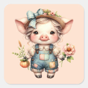 Pegatina Cuadrada Cerdito adorable de Farmcore con overol y flores