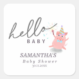 Pegatina Cuadrada Cerdito Caligrafía Baby Shower Hola bebé