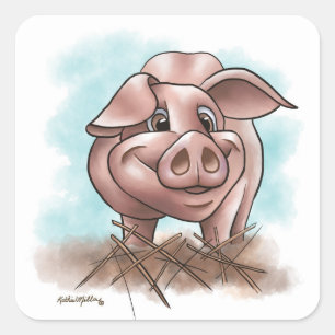 Pegatina Cuadrada Cerdito Rosa en la Historieta de Paja