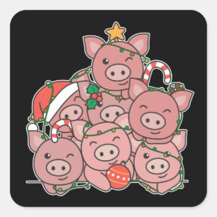 Pegatina Cuadrada Cerdo Árbol de Navidad Divertidos Navidades de ani