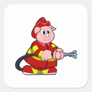 Pegatina Cuadrada Cerdo como bombero con extinguidor de incendios