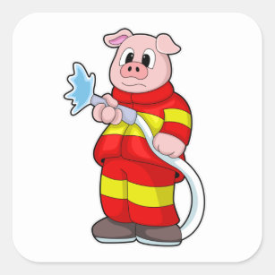 Pegatina Cuadrada Cerdo como bombero con manguera