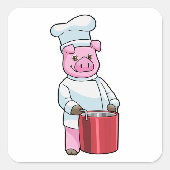 Pegatina Cuadrada Cerdo como cocinero con olla de cocina (Anverso)
