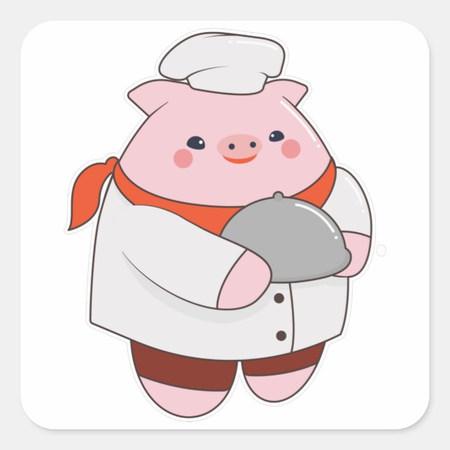Pegatina Cuadrada Cerdo como cocinero con Plata (Anverso)