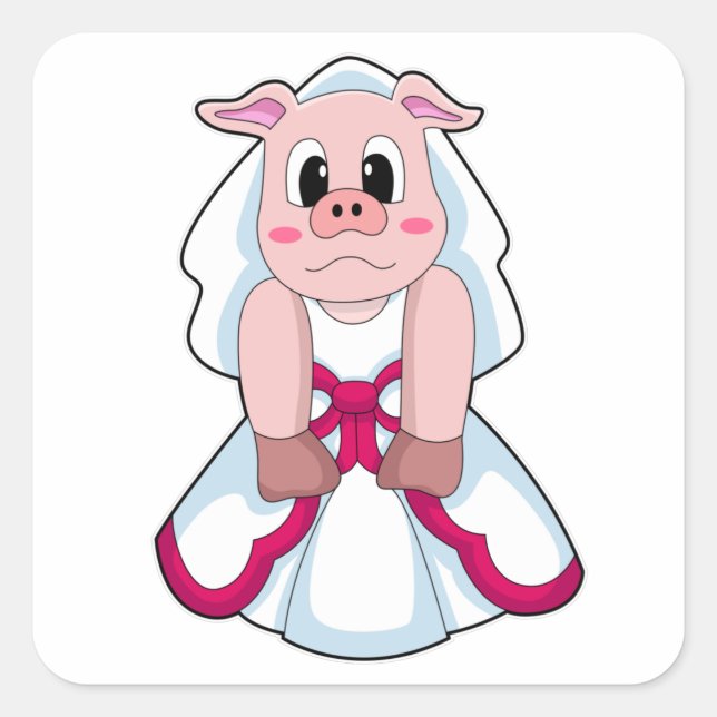 Pegatina Cuadrada Cerdo como novia con vestido Boda (Anverso)