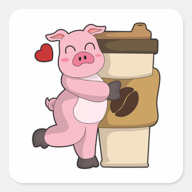 Pegatina Cuadrada Cerdo con café para ir (Anverso)