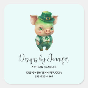 Pegatina Cuadrada Cerdo de cuento de hadas verde lindo en el negocio