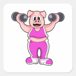 Pegatina Cuadrada Cerdo en Bodybuilding with Dumbbels