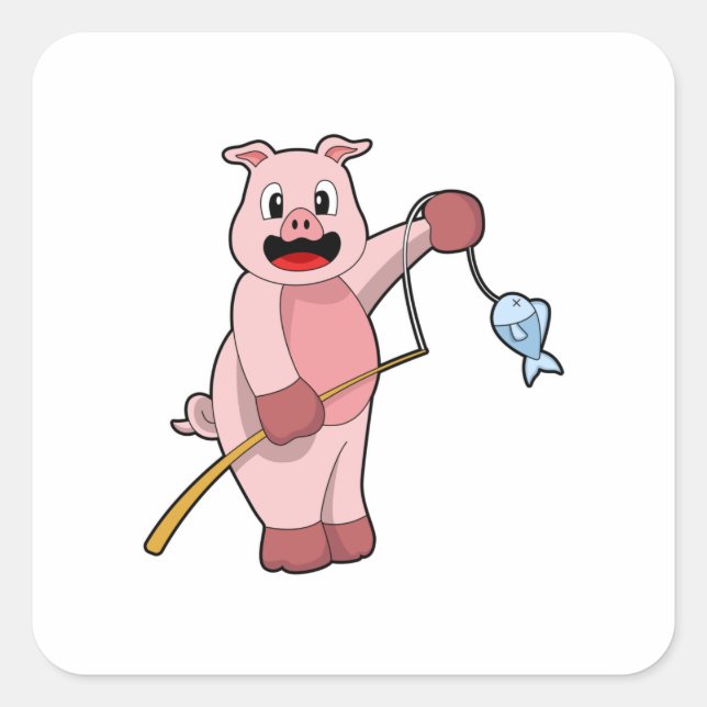 Pegatina Cuadrada Cerdo en pesca con caña y pescado (Anverso)