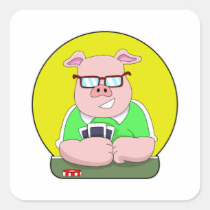 Pegatina Cuadrada Cerdo en Poker con tarjetas
