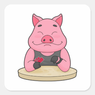 Pegatina Cuadrada Cerdo en Poker con tarjetas de Poker