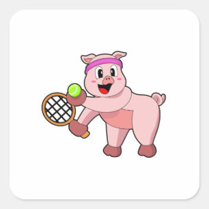 Pegatina Cuadrada Cerdo en tenis con raqueta de tenis