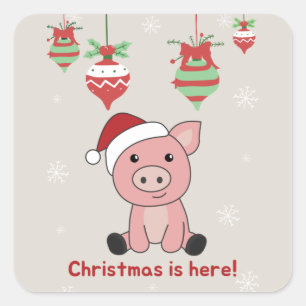 Pegatina Cuadrada Cerdo Feliz Navidad Animales de Navidad Cerdos Peg