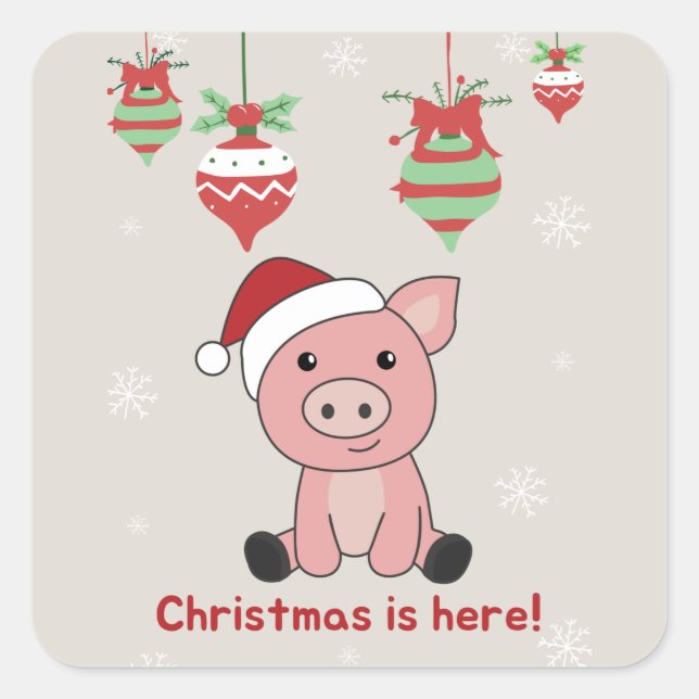 Pegatina Cuadrada Cerdo Feliz Navidad Animales de Navidad Cerdos Peg (Anverso)