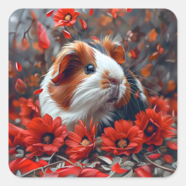 Pegatina Cuadrada Cerdo guineano entre flores rojas