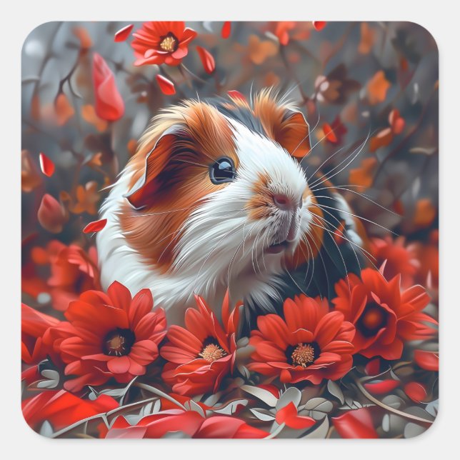 Pegatina Cuadrada Cerdo guineano entre flores rojas (Anverso)