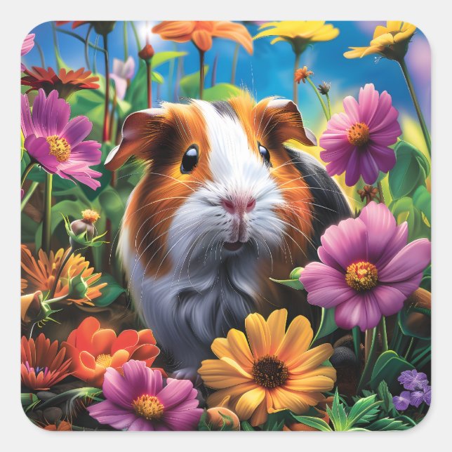 Pegatina Cuadrada Cerdo guineano entre flores vibrantes (Anverso)