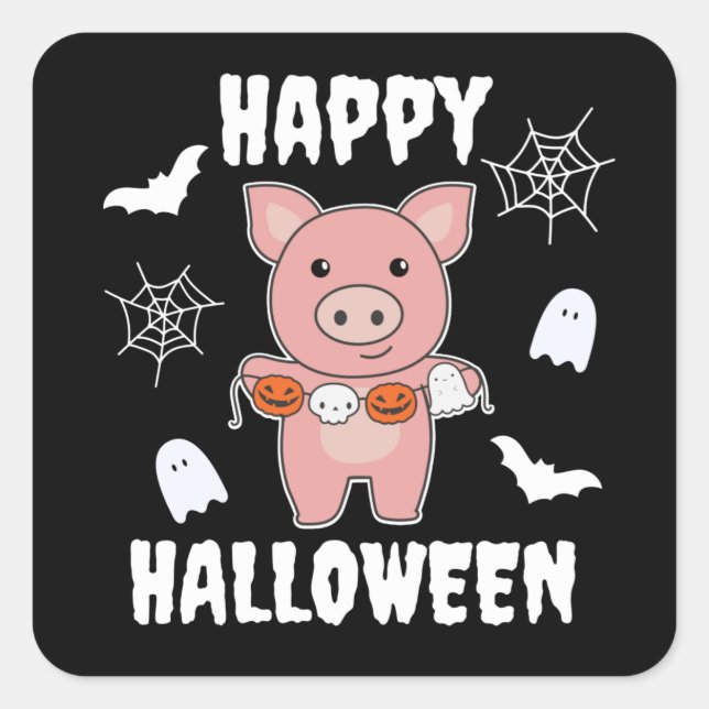 Pegatina Cuadrada Cerdo Happy Halloween Calabaza Bat Costume Square  (Anverso)