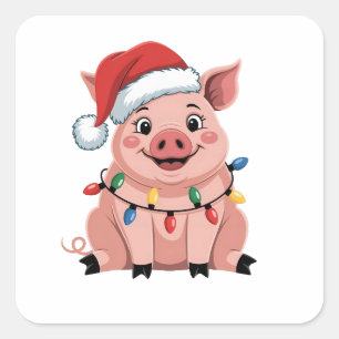 Pegatina Cuadrada Cerdo Navidad Sombrero Santa Navidad Fiesta Pigmas