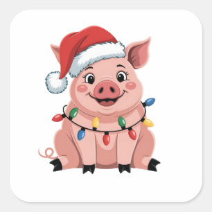 Pegatina Cuadrada Cerdo Navidad Sombrero Santa Navidad Fiesta Pigmas
