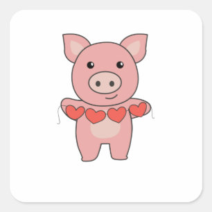 Pegatina Cuadrada Cerdo Para Animales El día de San Valentín Con Cor