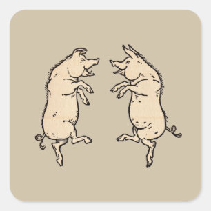 Pegatina Cuadrada Cerdos Antiguos Bailando: Travieso Jig de Cerdito
