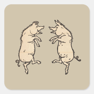 Pegatina Cuadrada Cerdos Antiguos Bailando: Travieso Jig de Cerdito 