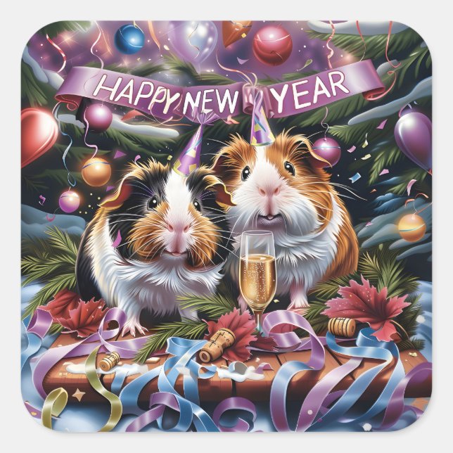 Pegatina Cuadrada Cerdos de Guinea Feliz Año Nuevo (Anverso)