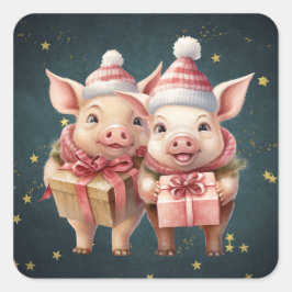 Pegatina Cuadrada Cerdos de Navidad cutáneos