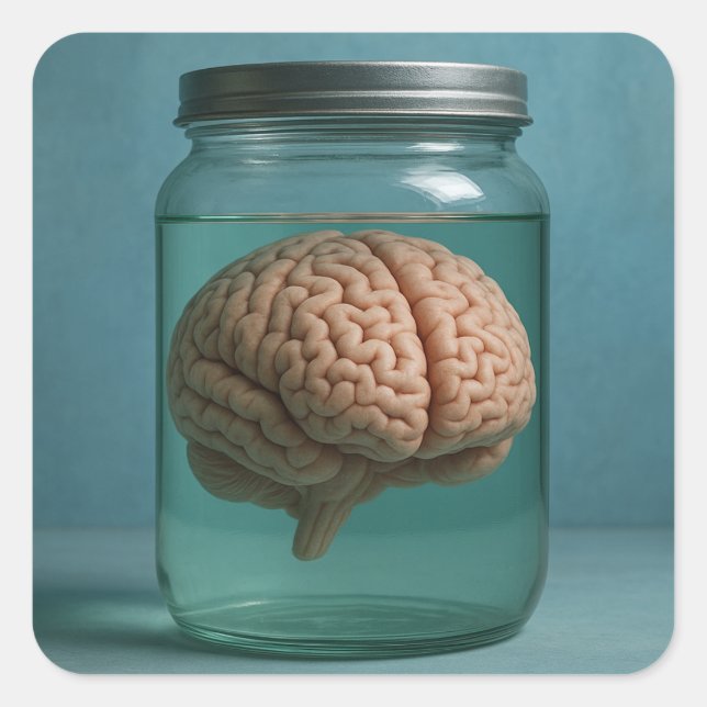 Pegatina Cuadrada Cerebro En Una Jar (Anverso)