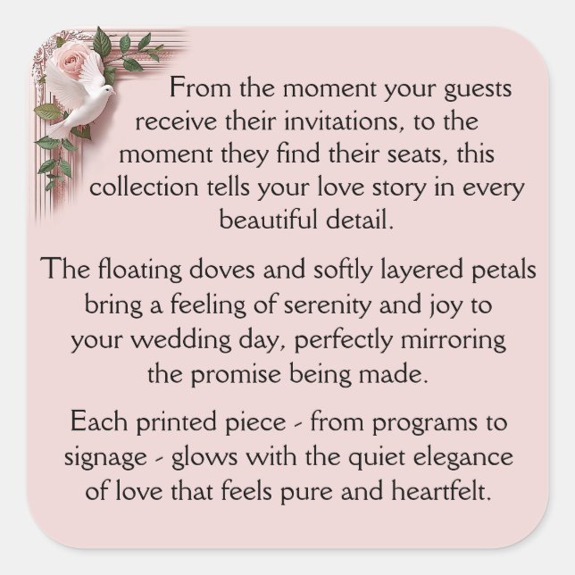 Pegatina Cuadrada Ceremony -  Pink Roses & Doves (Anverso)