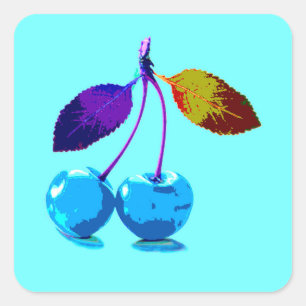 Pegatina Cuadrada Cerezas azules brillantes