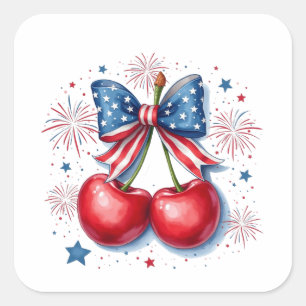 Pegatina Cuadrada Cerezas con Coquette Bow 4 de Julio Americano