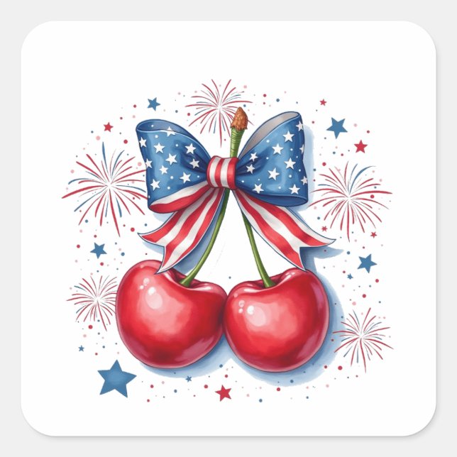 Pegatina Cuadrada Cerezas con Coquette Bow 4 de Julio Americano (Anverso)