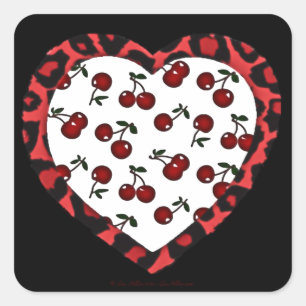 Pegatina Cuadrada Cerezas de Rockabilly RAB Estampado de Corazón de