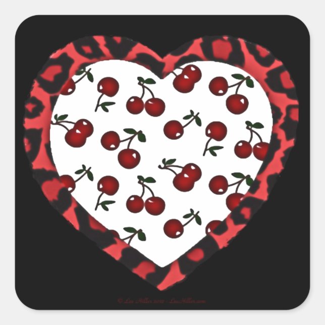 Pegatina Cuadrada Cerezas de Rockabilly RAB Estampado de Corazón de  (Anverso)
