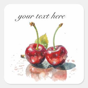 Pegatina Cuadrada Cerezas Sweetheart en Acuarela, personalizado